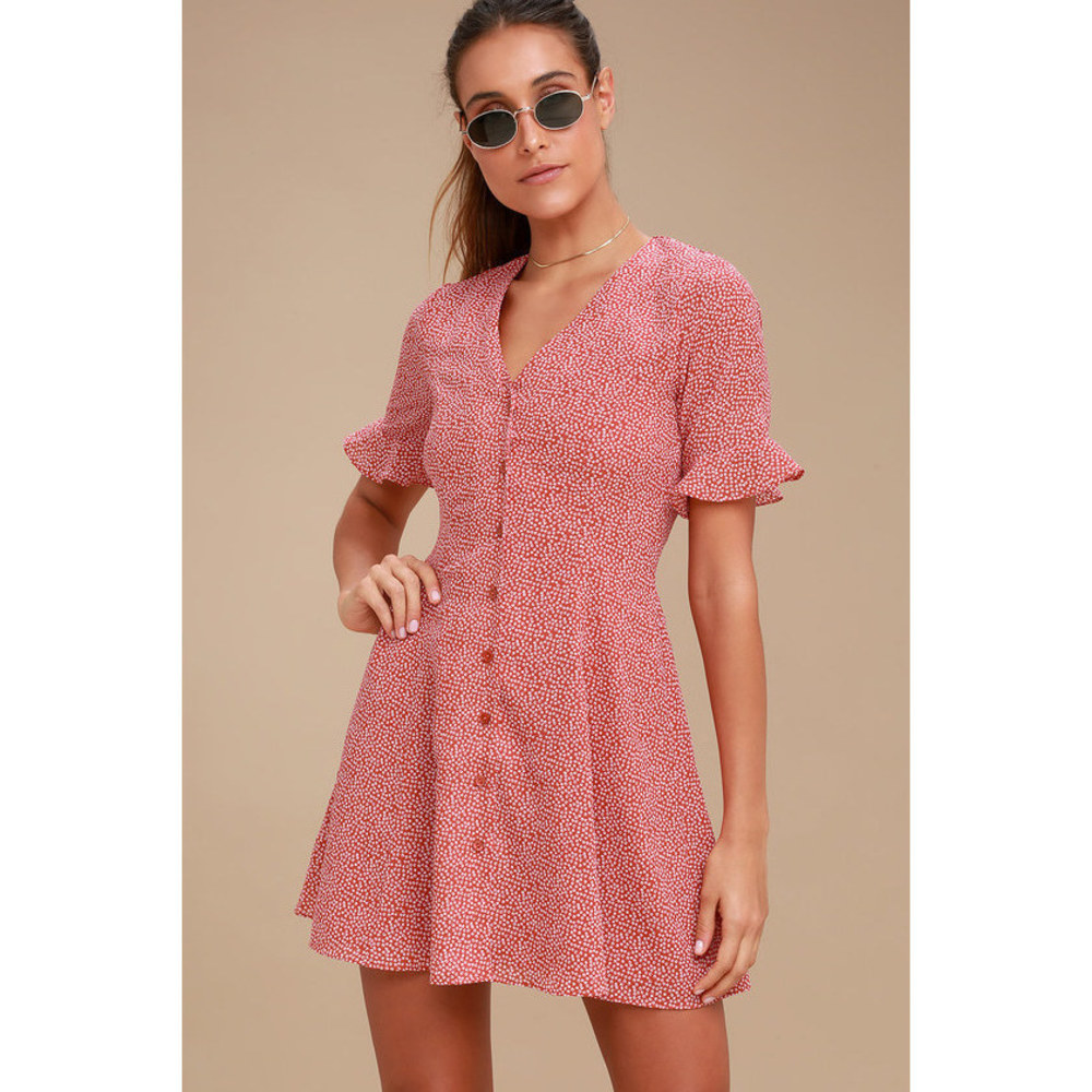 Lulus Castana Rust Red Print Button-up Dress - Size S